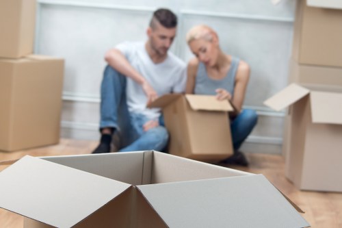 Boxes and household items organized for Kew storage